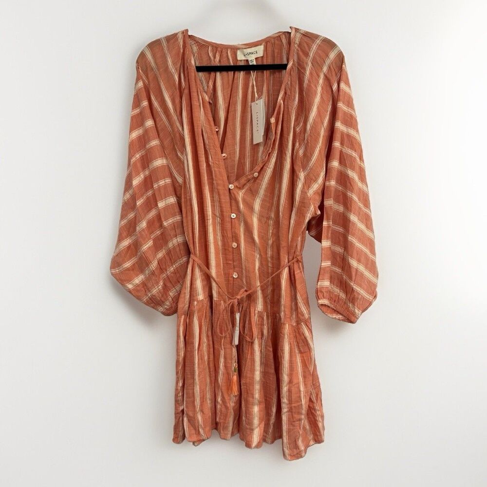 L Space Dress Womens Size Large Vida Dress Peasant Boho Coral Stripe NWT